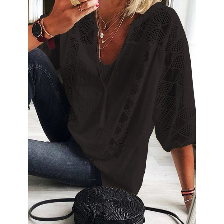 Dames Losse Boho Blouse Driekwart Mouw Haakwerk Detail - Black