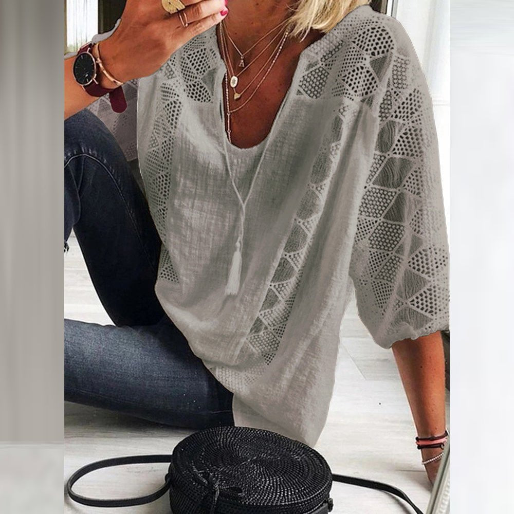 Dames Losse Boho Blouse Driekwart Mouw Haakwerk Detail - Grey(Only 6 left!)