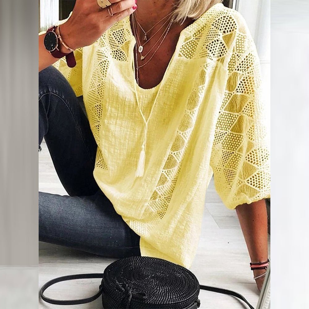 Dames Losse Boho Blouse Driekwart Mouw Haakwerk Detail - Yellow