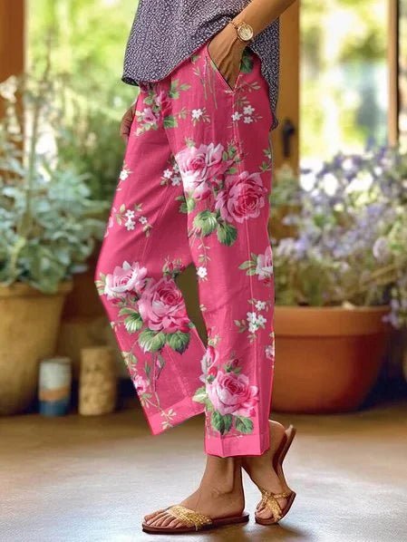 Dames Losvallende Bloemenprint Casual Broek met Zakken - Rose Pink