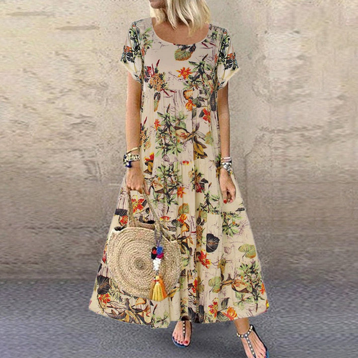 Dames Losvallende Bloemenprint Maxi-jurk Korte Mouwen - Orange