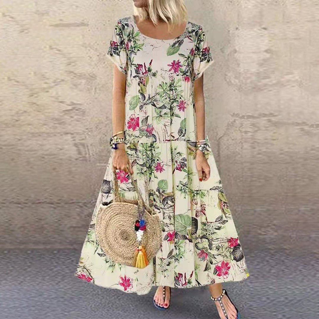 Dames Losvallende Bloemenprint Maxi-jurk Korte Mouwen - Purple