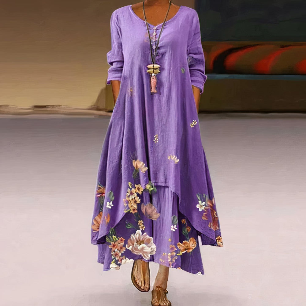 Dames Losvallende Bloemenprint Maxi-jurk Lange Mouw Ronde Hals - Lavender