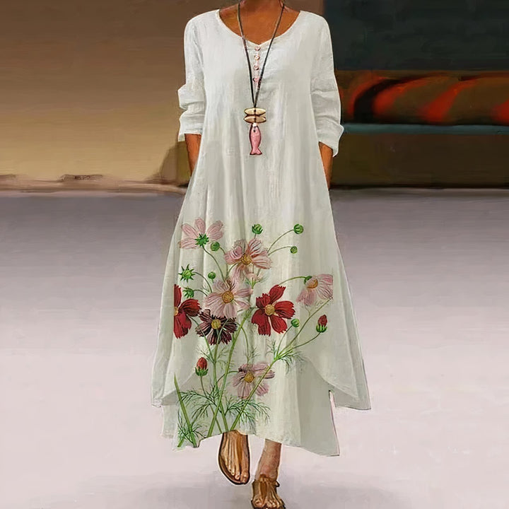 Dames Losvallende Bloemenprint Maxi-jurk Lange Mouw Ronde Hals - White 1