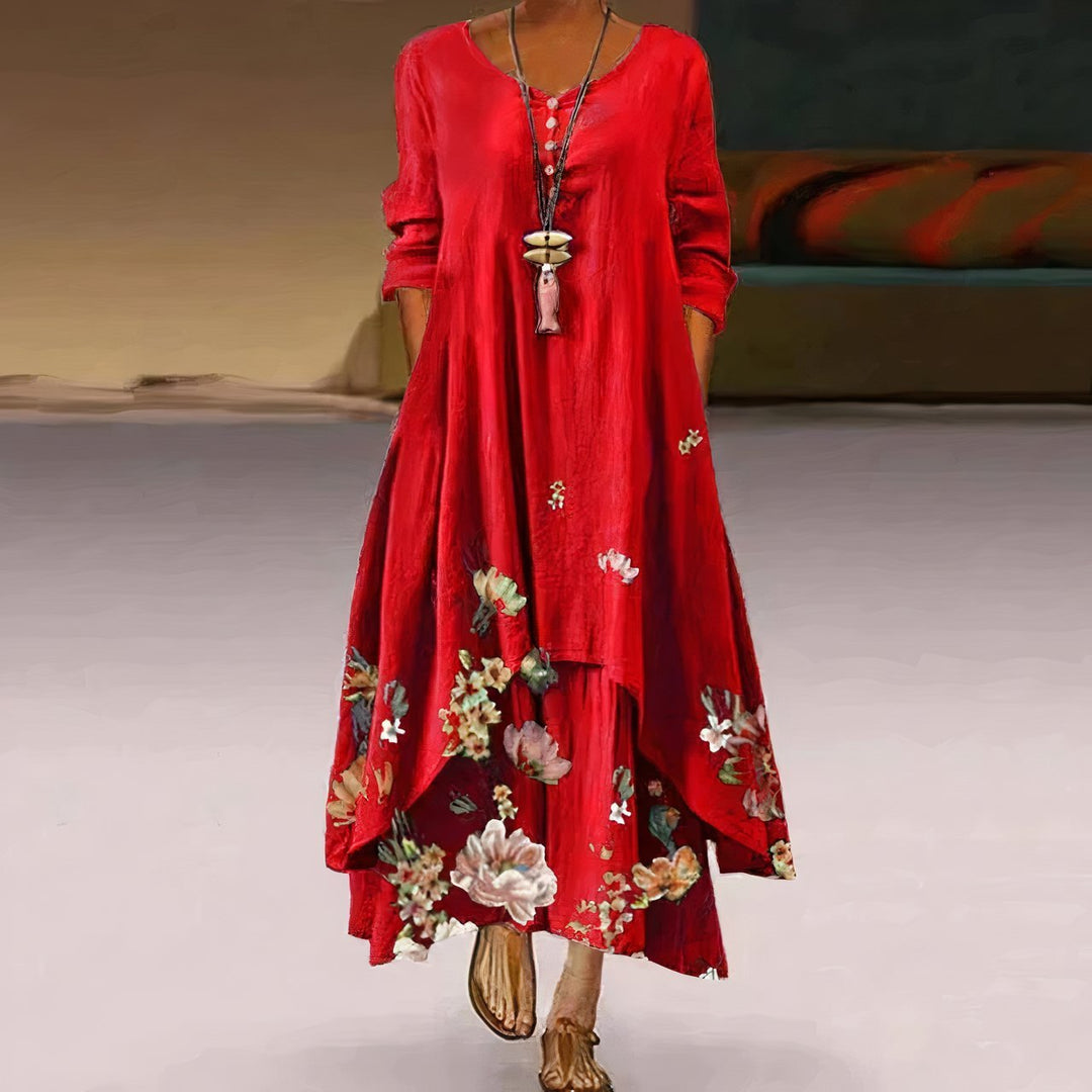 Dames Losvallende Bloemenprint Maxi-jurk Lange Mouw Ronde Hals - Red