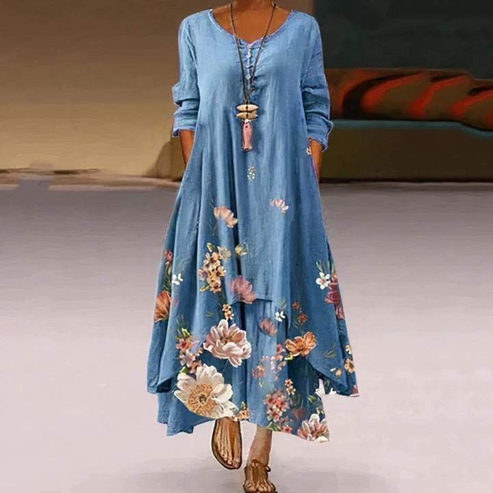 Dames Losvallende Bloemenprint Maxi-jurk Lange Mouw Ronde Hals - Blue