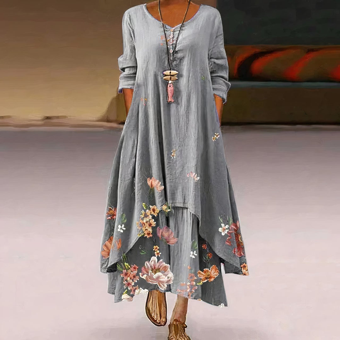 Dames Losvallende Bloemenprint Maxi-jurk Lange Mouw Ronde Hals - Light Gray