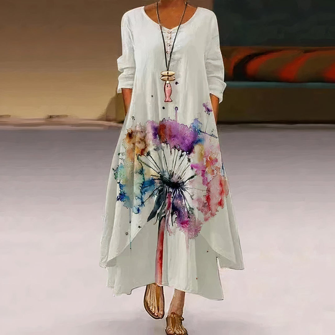 Dames Losvallende Bloemenprint Maxi-jurk Lange Mouw Ronde Hals - White 2