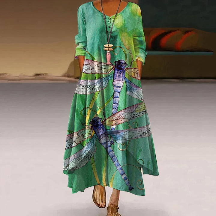 Dames Losvallende Bloemenprint Maxi-jurk Lange Mouw Ronde Hals - Green