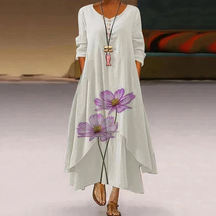 Dames Losvallende Bloemenprint Maxi-jurk Lange Mouw Ronde Hals - White 3