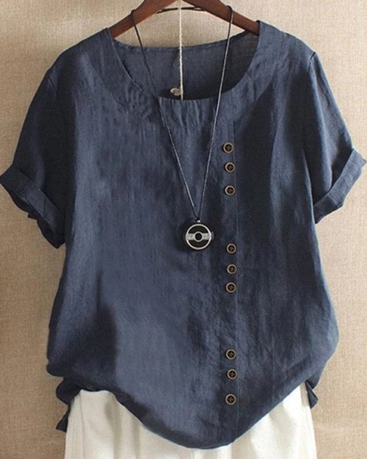 Dames Losvallende Linnen Blouse Asymmetrische Knoopsluiting - Donkerblauw
