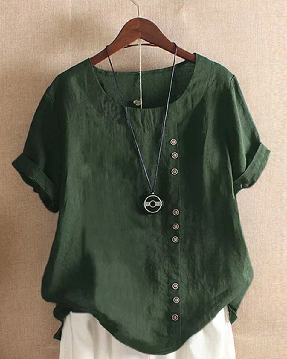 Dames Losvallende Linnen Blouse Asymmetrische Knoopsluiting - Groen