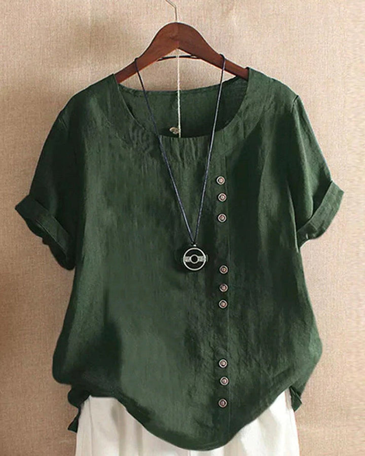Dames Losvallende Linnen Blouse Asymmetrische Knoopsluiting - Groen