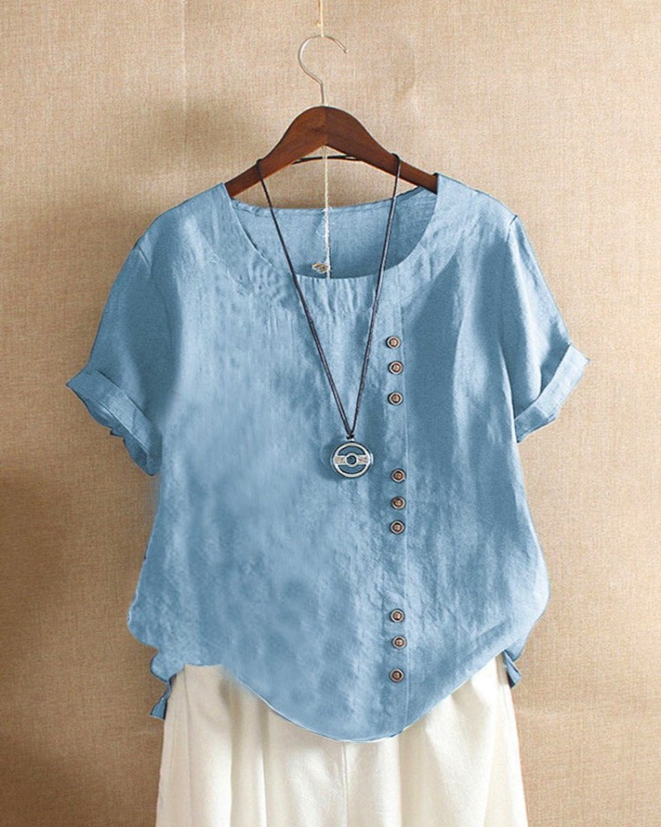 Dames Losvallende Linnen Blouse Asymmetrische Knoopsluiting - Lichtblauw