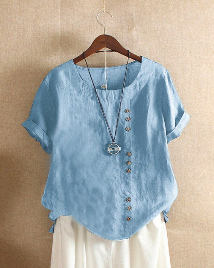 Dames Losvallende Linnen Blouse Asymmetrische Knoopsluiting - Lichtblauw