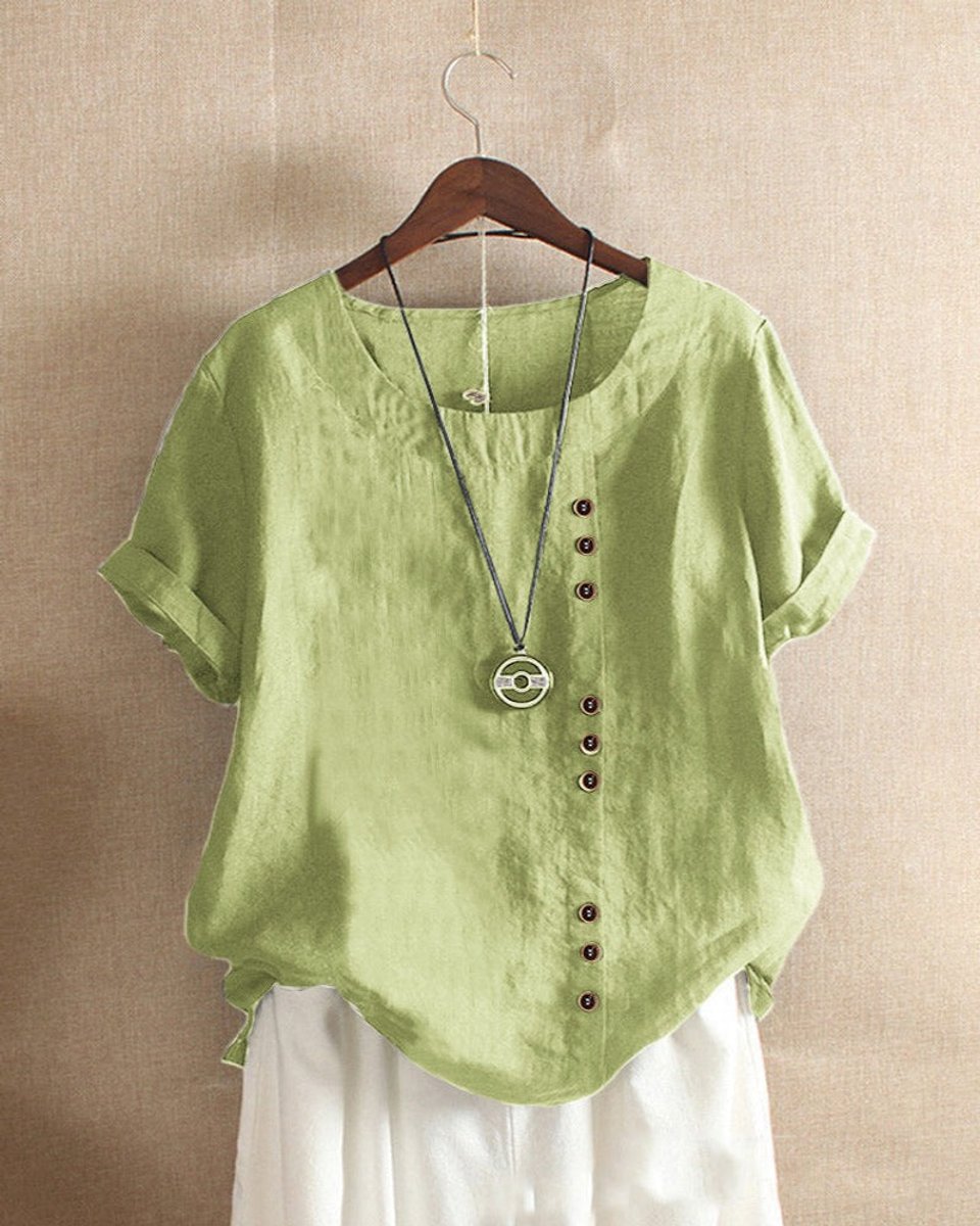 Dames Losvallende Linnen Blouse Asymmetrische Knoopsluiting - Mintgroen