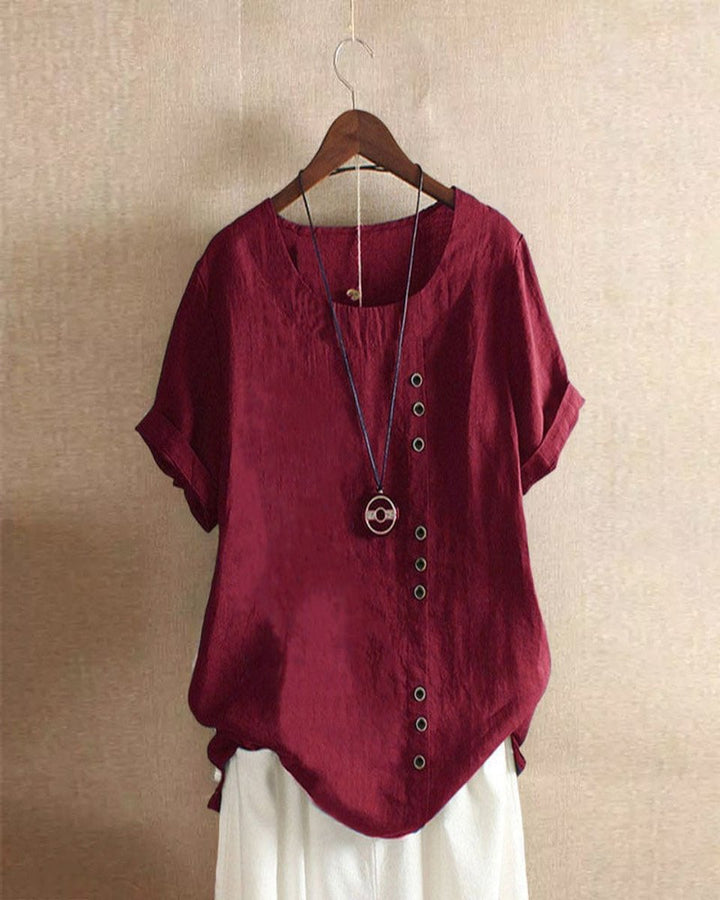 Dames Losvallende Linnen Blouse Asymmetrische Knoopsluiting - Bordeauxrood