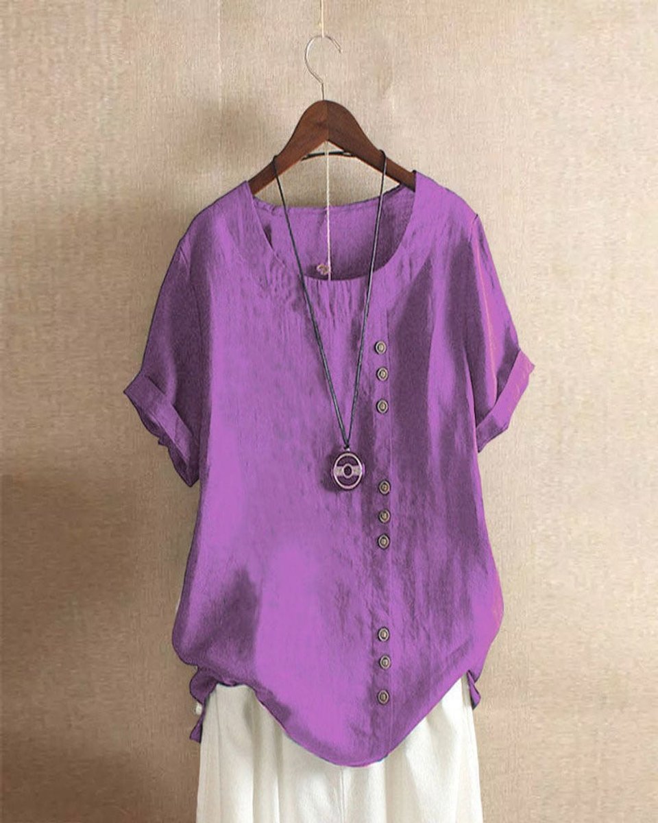 Dames Losvallende Linnen Blouse Asymmetrische Knoopsluiting - Paars