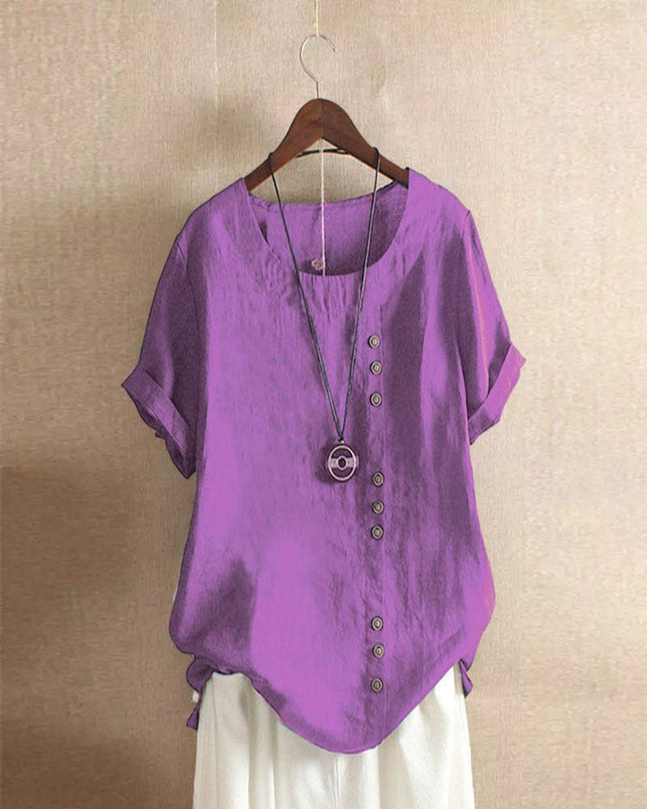 Dames Losvallende Linnen Blouse Asymmetrische Knoopsluiting - Paars