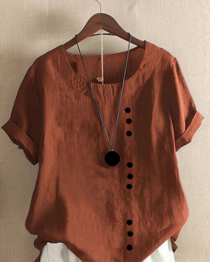 Dames Losvallende Linnen Blouse Asymmetrische Knoopsluiting - Bruin