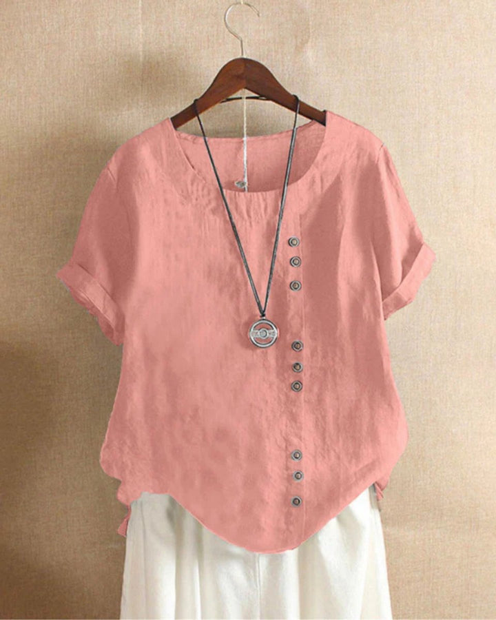 Dames Losvallende Linnen Blouse Asymmetrische Knoopsluiting - Roze