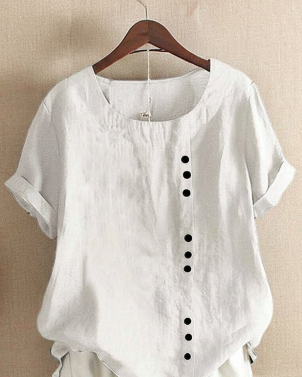 Dames Losvallende Linnen Blouse Asymmetrische Knoopsluiting - Wit