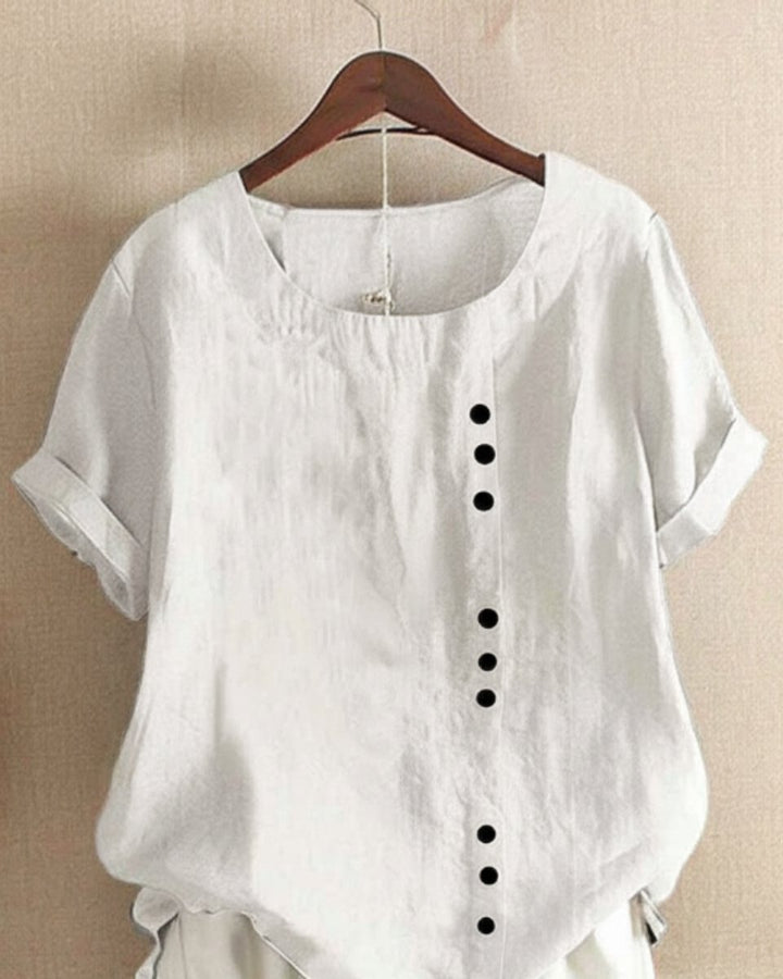 Dames Losvallende Linnen Blouse Asymmetrische Knoopsluiting - Wit