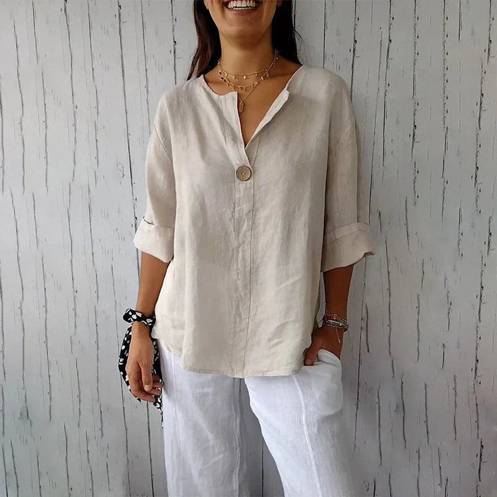 Dames Losvallende Linnen V-hals Blouse Houten Knoop