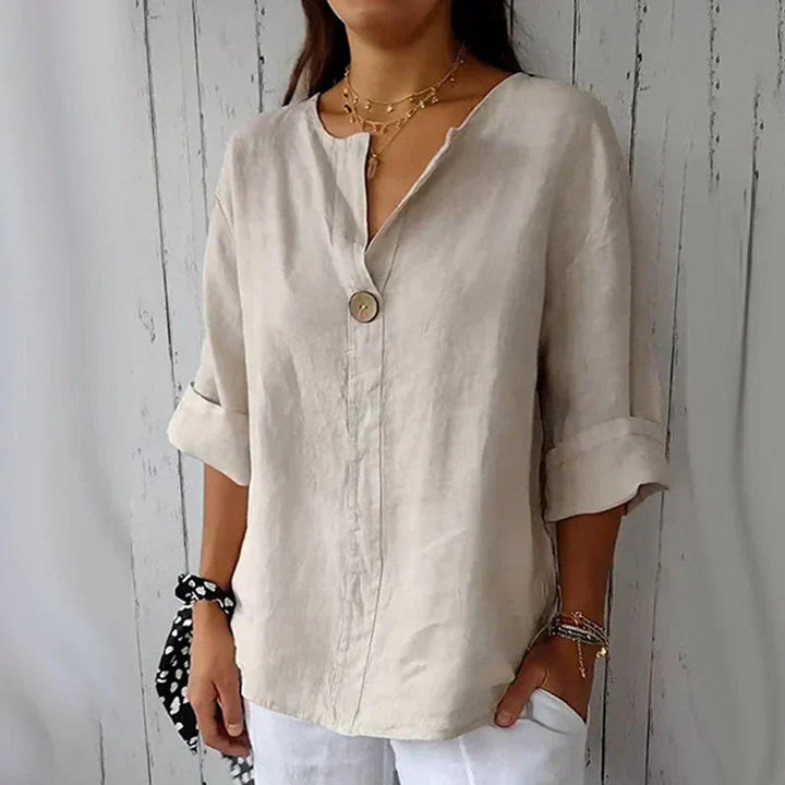 Dames Losvallende Linnen V-hals Blouse Houten Knoop - Abrikoos