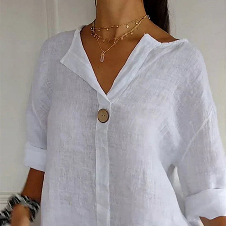 Dames Losvallende Linnen V-hals Blouse Houten Knoop