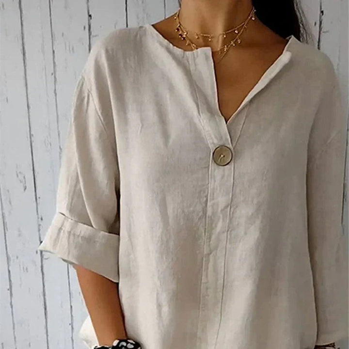 Dames Losvallende Linnen V-hals Blouse Houten Knoop