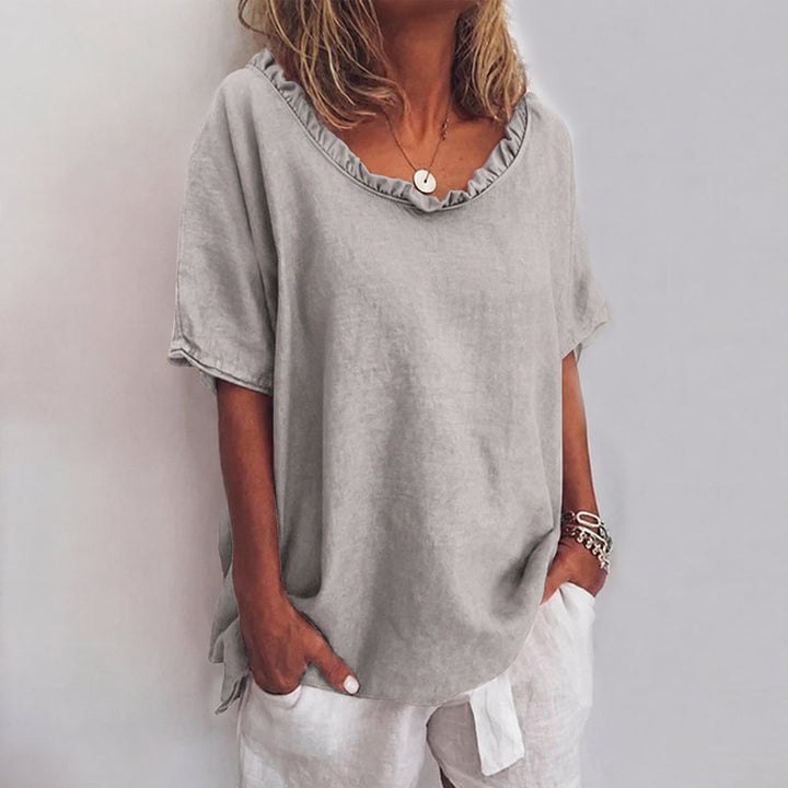 Dames Loszittende Ruches Katoenen Blouse met Korte Mouwen - Gray