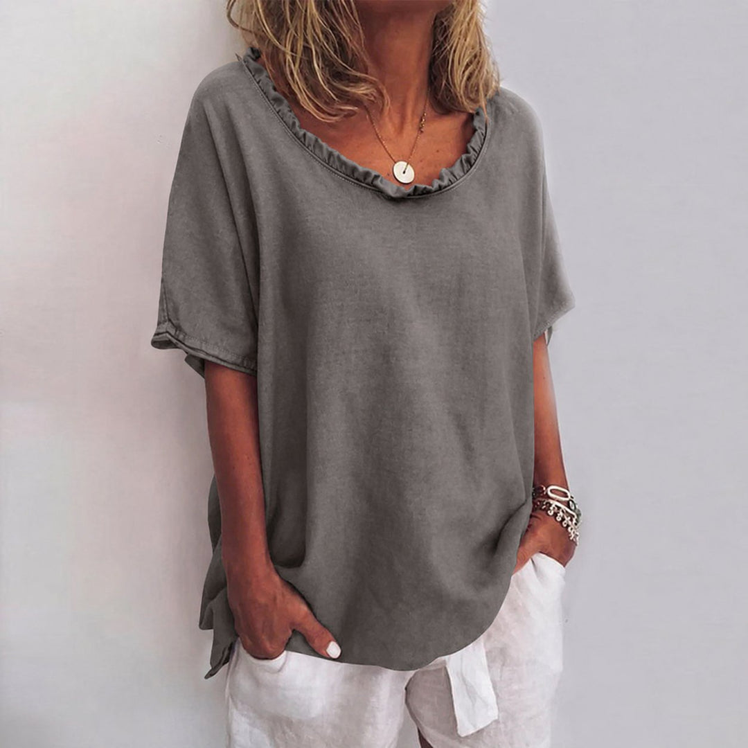 Dames Loszittende Ruches Katoenen Blouse met Korte Mouwen - Dark Gray