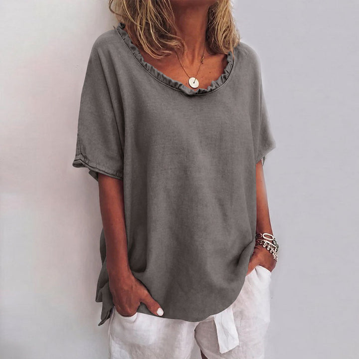Dames Loszittende Ruches Katoenen Blouse met Korte Mouwen - Dark Gray