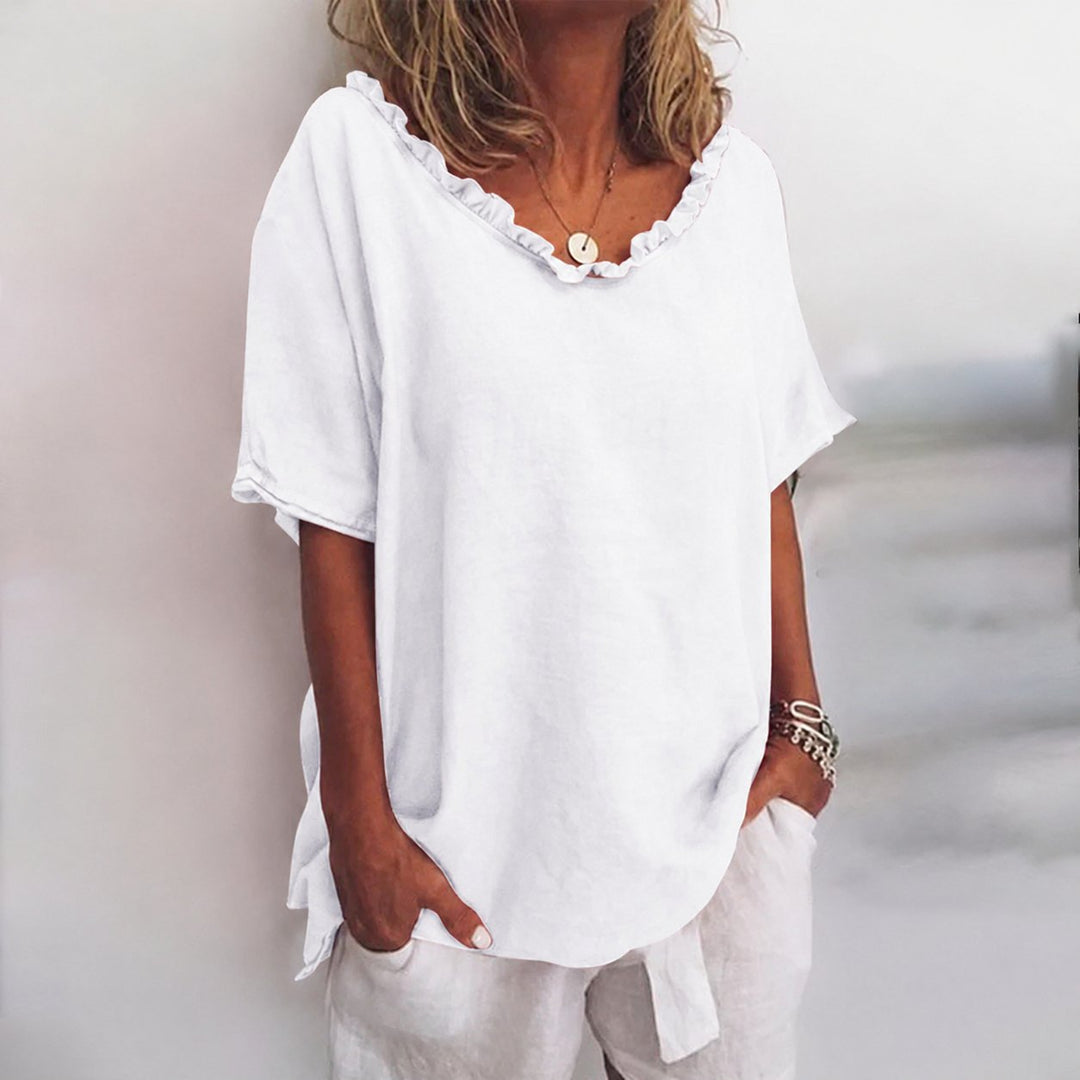 Dames Loszittende Ruches Katoenen Blouse met Korte Mouwen - White