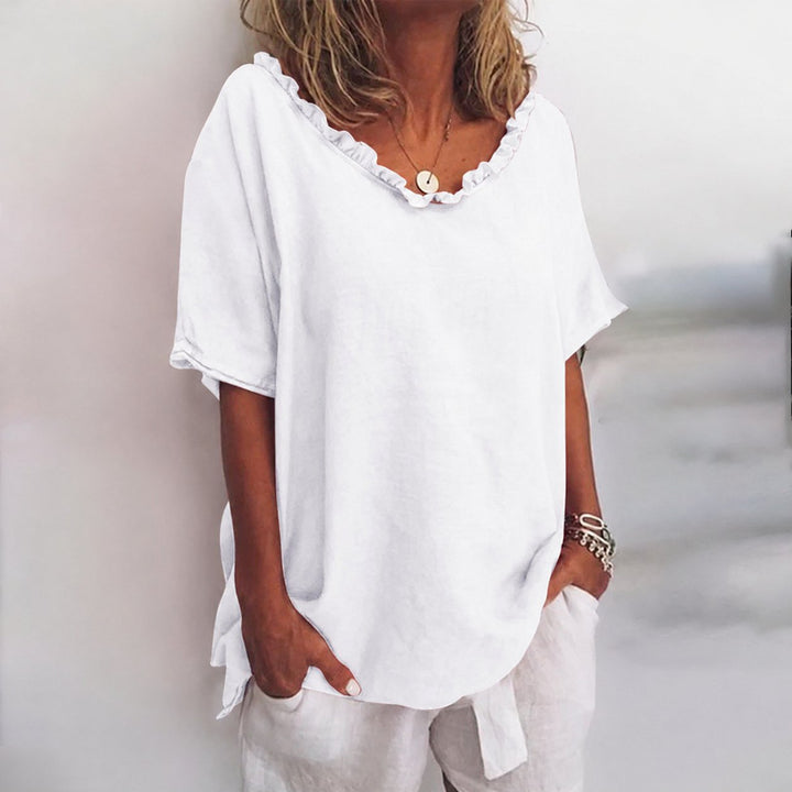 Dames Loszittende Ruches Katoenen Blouse met Korte Mouwen - White