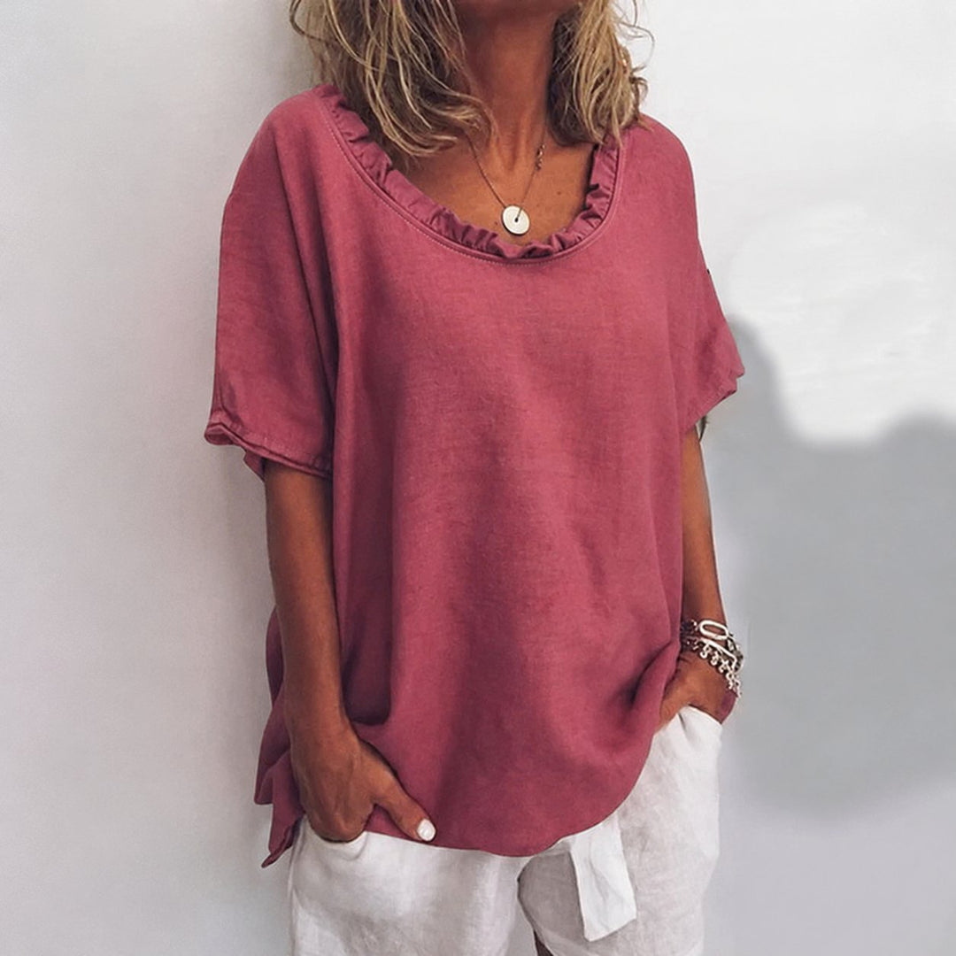 Dames Loszittende Ruches Katoenen Blouse met Korte Mouwen - Dark Pink