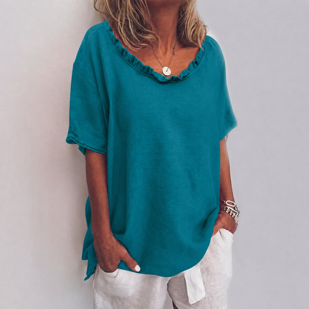 Dames Loszittende Ruches Katoenen Blouse met Korte Mouwen - Sea Blue