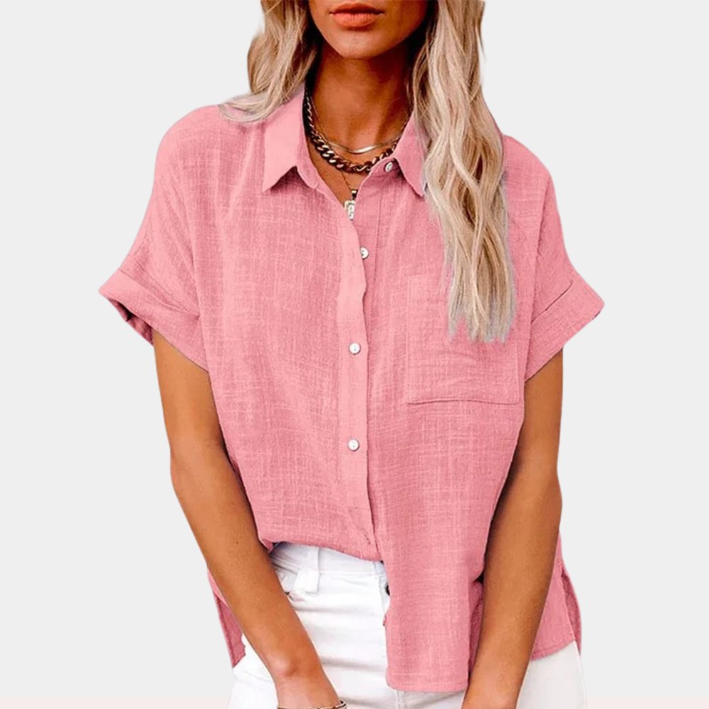 Dames Luchtige Korte Mouw Button-Down Blouse - Pink