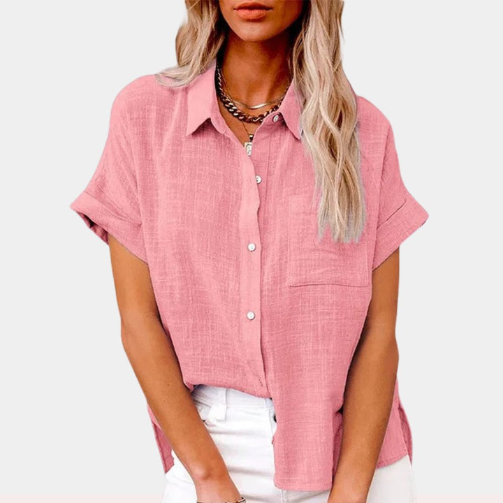 Dames Luchtige Korte Mouw Button-Down Blouse - Pink