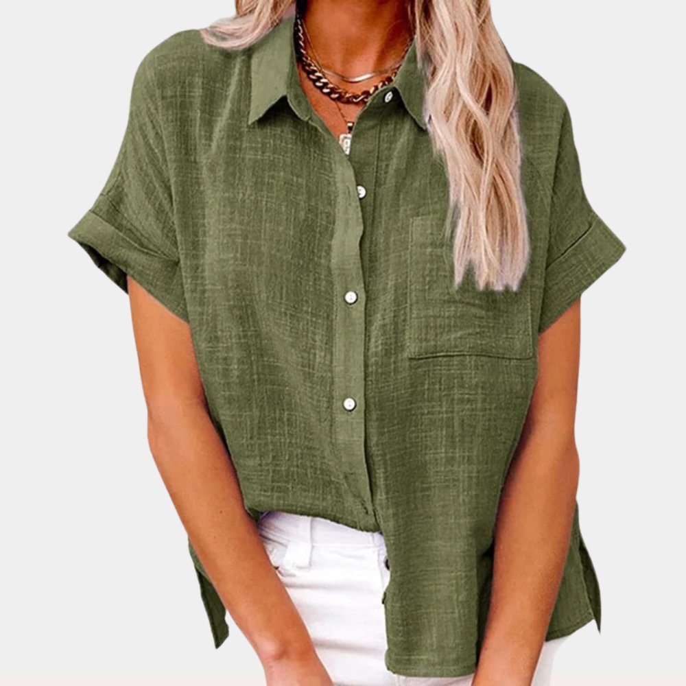 Dames Luchtige Korte Mouw Button-Down Blouse - Green