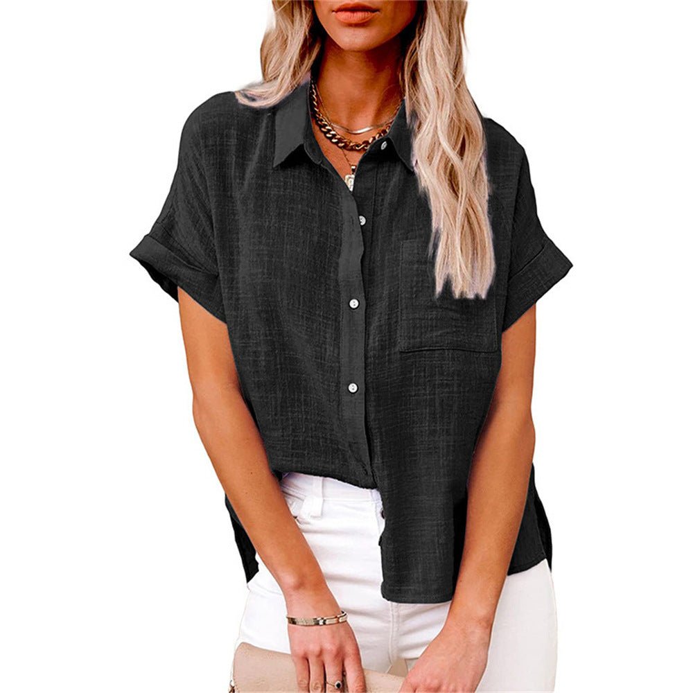 Dames Luchtige Korte Mouw Button-Down Blouse - Black