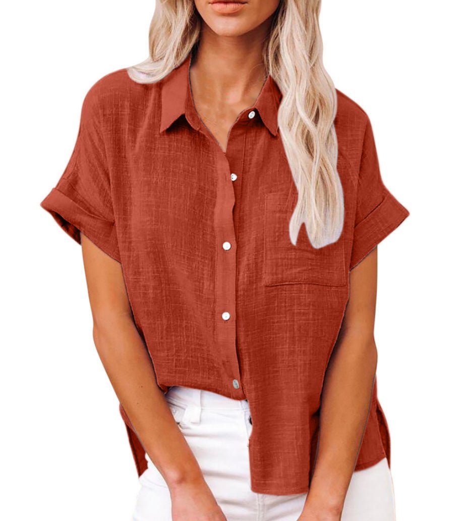 Dames Luchtige Korte Mouw Button-Down Blouse - Red