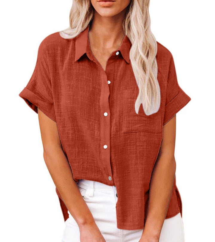 Dames Luchtige Korte Mouw Button-Down Blouse - Red