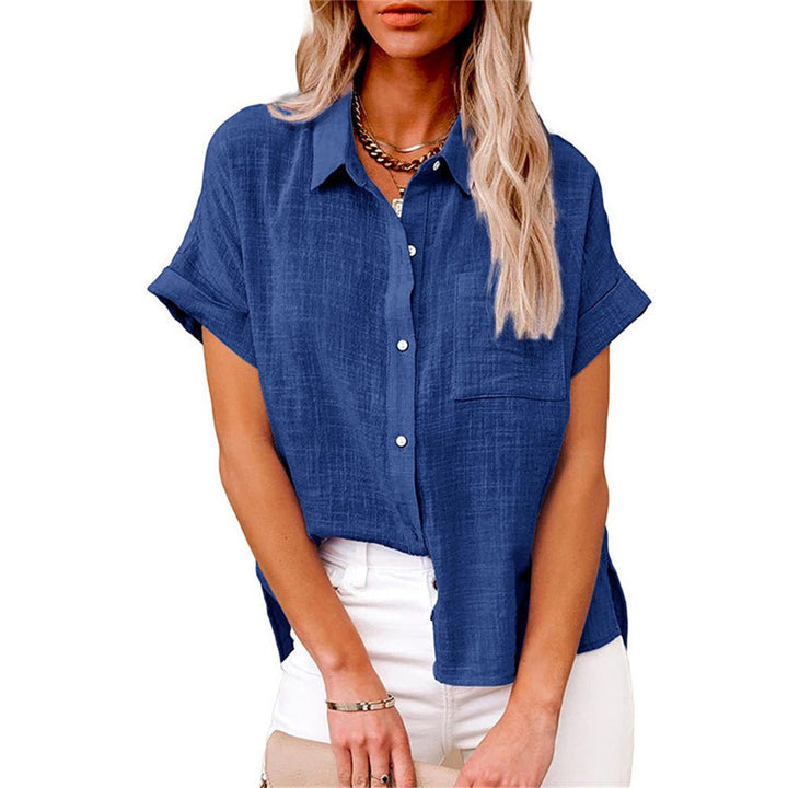 Dames Luchtige Korte Mouw Button-Down Blouse - Royal Blue