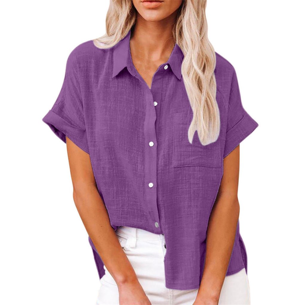 Dames Luchtige Korte Mouw Button-Down Blouse - Purple