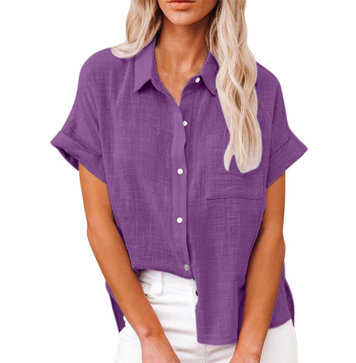 Dames Luchtige Korte Mouw Button-Down Blouse - Purple