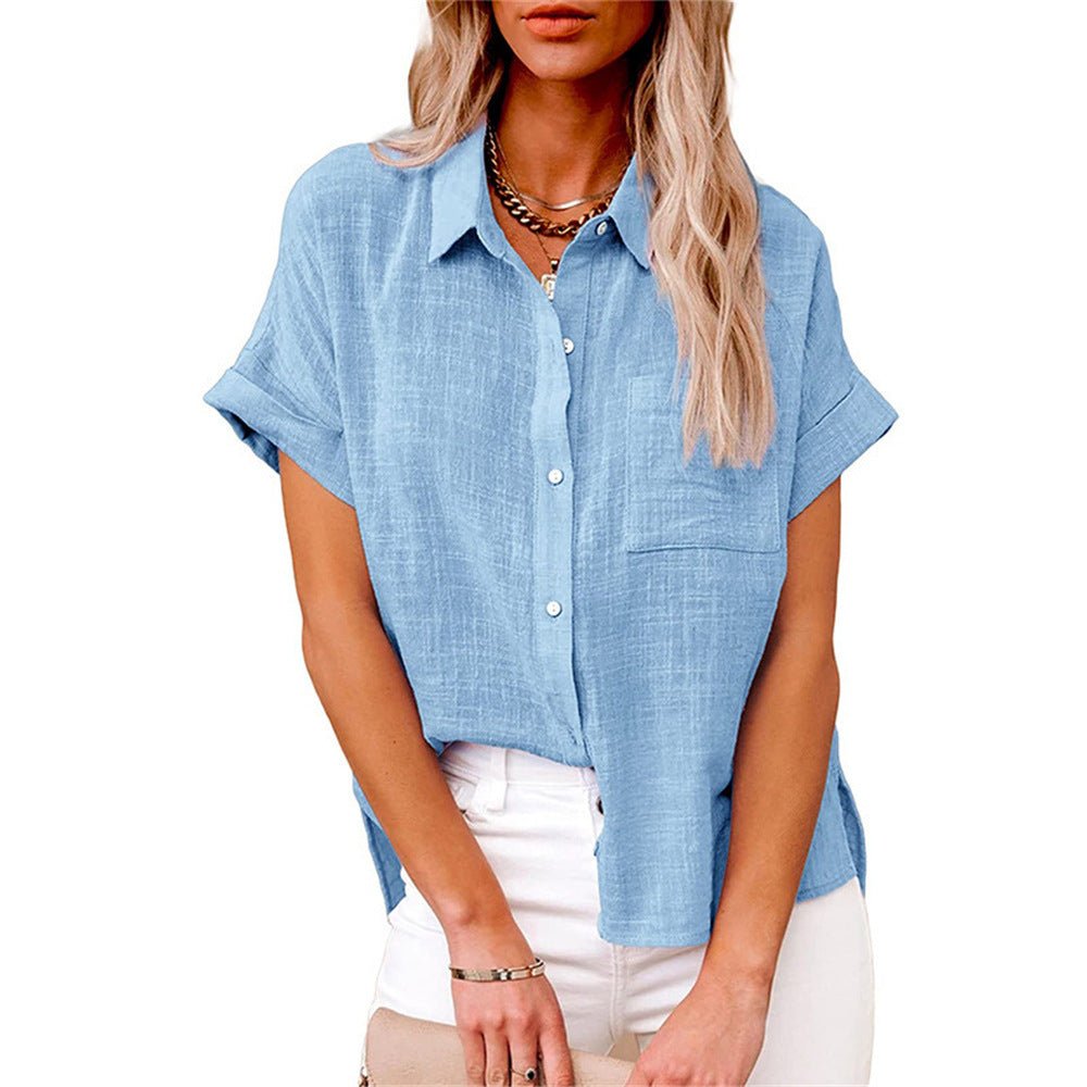 Dames Luchtige Korte Mouw Button-Down Blouse - Light Blue