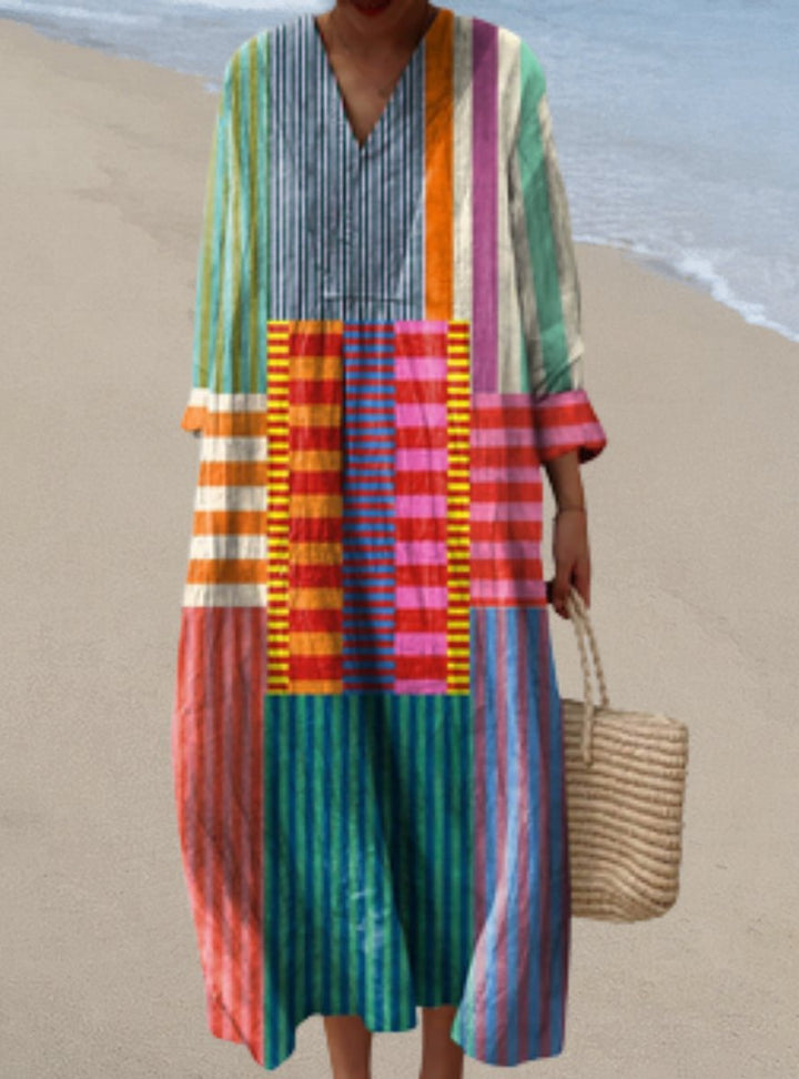 Dames Luchtige Linnen Midi-jurk Vissenprint V-hals - Stijl 5