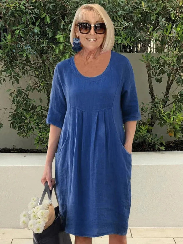 Dames Luchtige Linnen Tuniekjurk Halve Mouw Zakken - Marineblauw